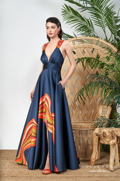 Robe Cocktail Aqua Imprimé Plumes - Taille M - Occasion En Très Bon état