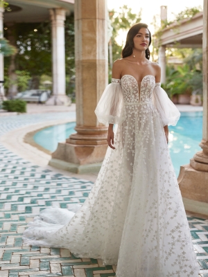 ANAELA Wedding Dress Adriana alier collection 2025 Paris: Sheath-style wedding dress, crêpe, plunging neckline, V-back, straps, georgette cape.