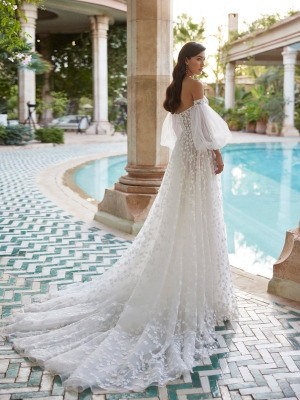 ANAELA Wedding Dress Adriana alier collection 2025 Paris: Sheath-style wedding dress, crêpe, plunging neckline, V-back, straps, georgette cape.